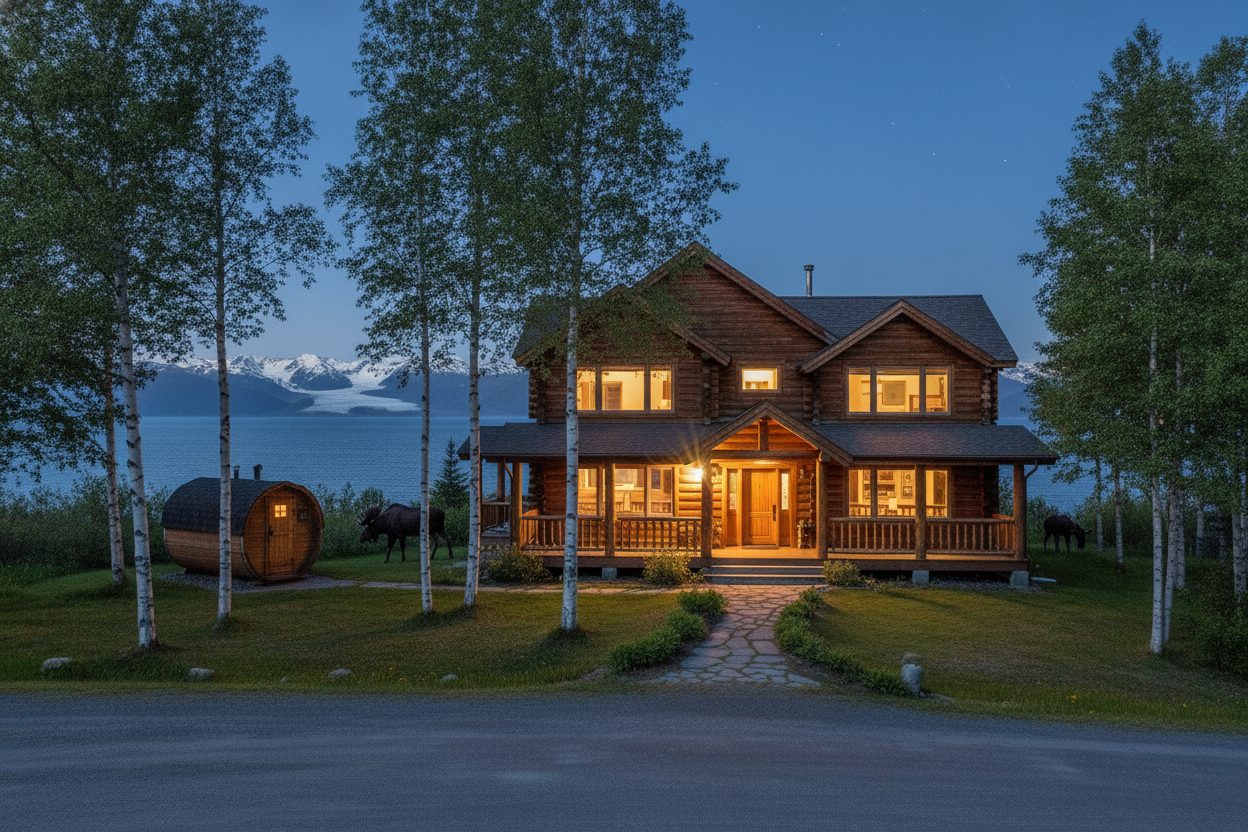 Exterior at night of the alaskan log home in Homer, AK