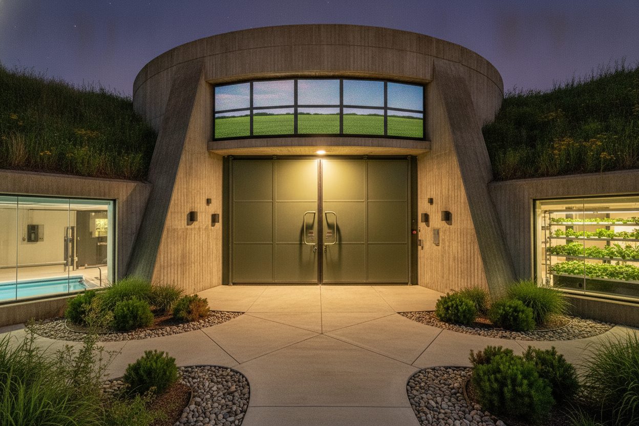 Exterior at night of the missile silo condo in Concordia, KS