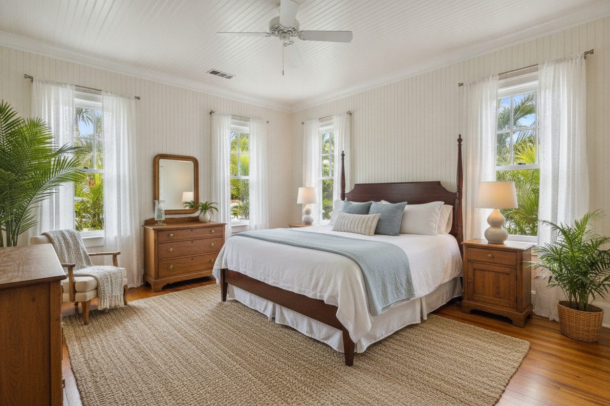 Primary bedroom of the conch house in Key West, FL