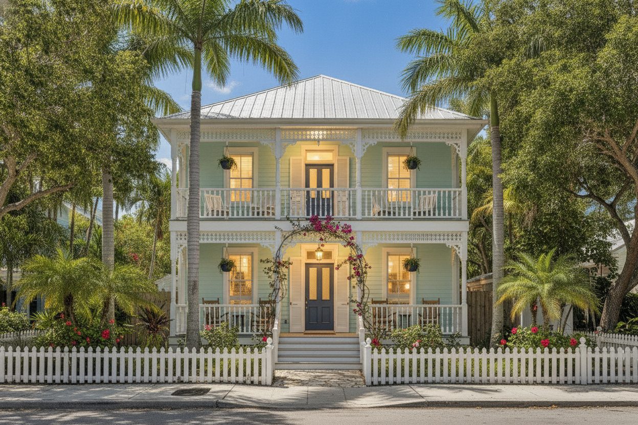 Exterior at night of the conch house in Key West, FL
