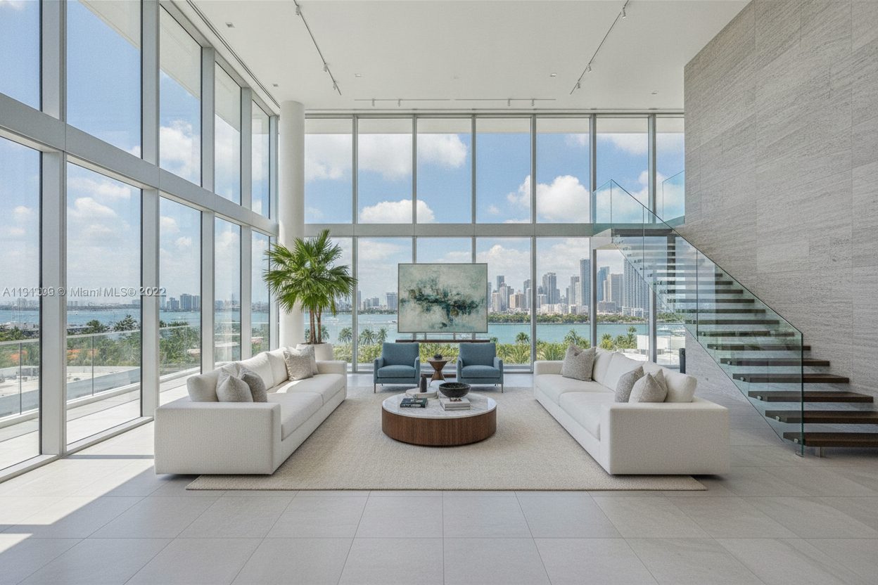 Living room of the penthouse with rooftop pool in Miami, FL