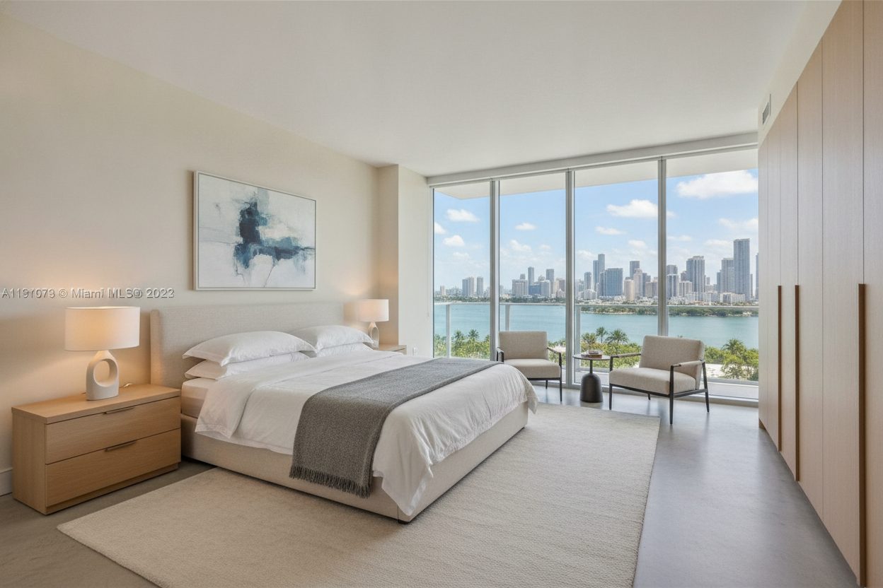 Primary bedroom of the penthouse with rooftop pool in Miami, FL