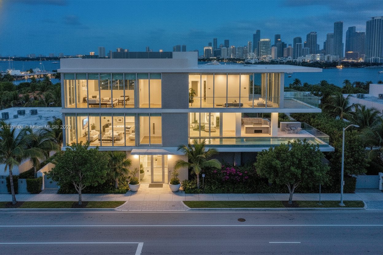Exterior at night of the penthouse with rooftop pool in Miami, FL