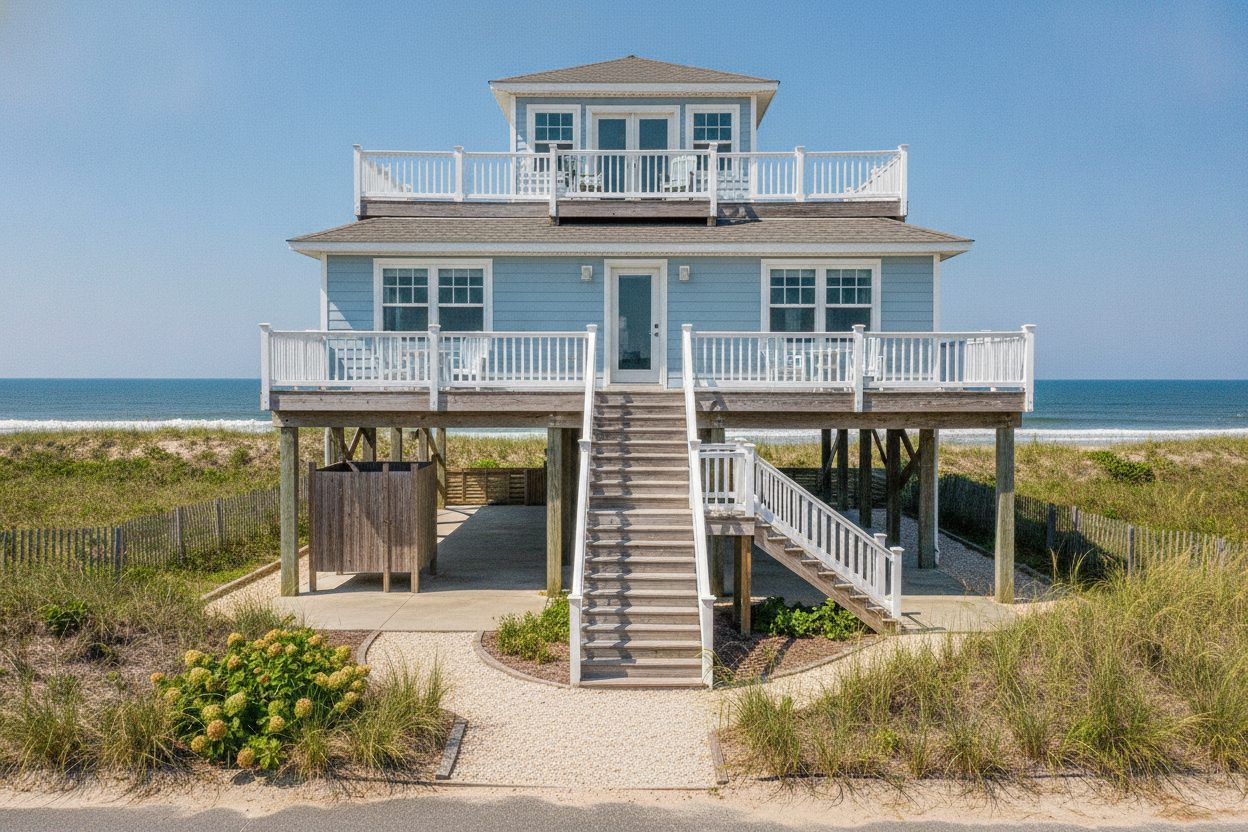 Exterior of the stilted beach house in Nags Head, NC
