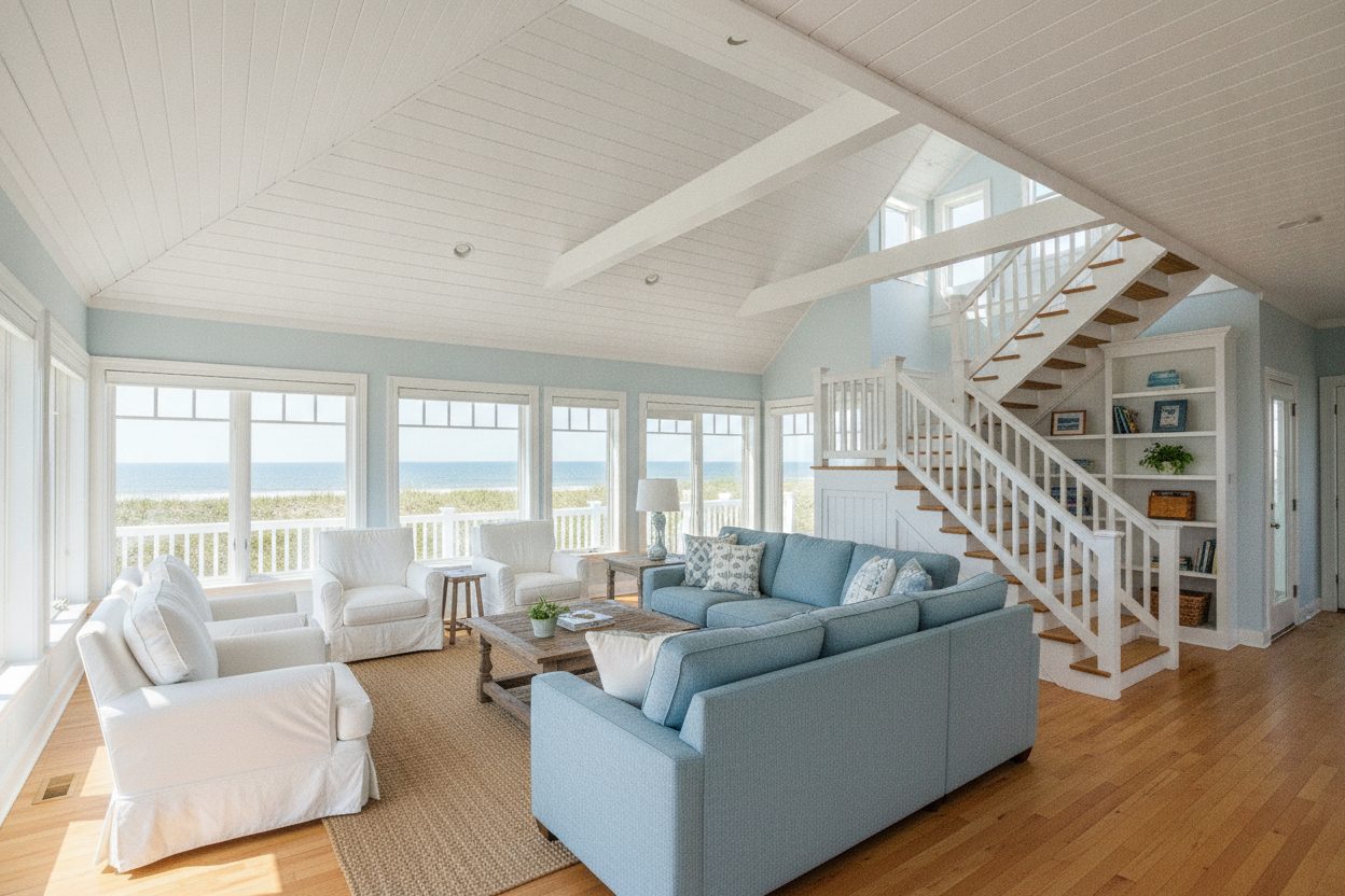 Living room of the stilted beach house in Nags Head, NC