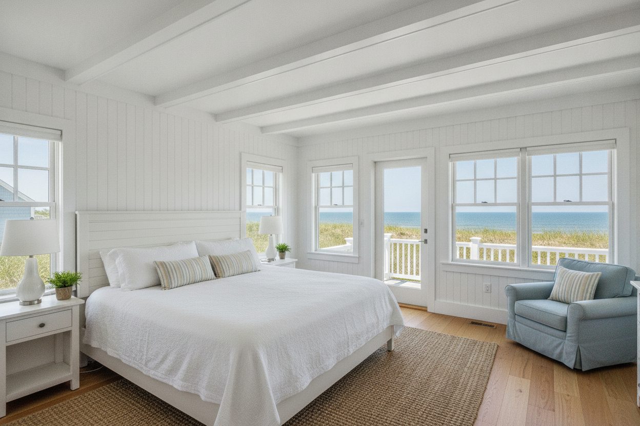 Primary bedroom of the stilted beach house in Nags Head, NC