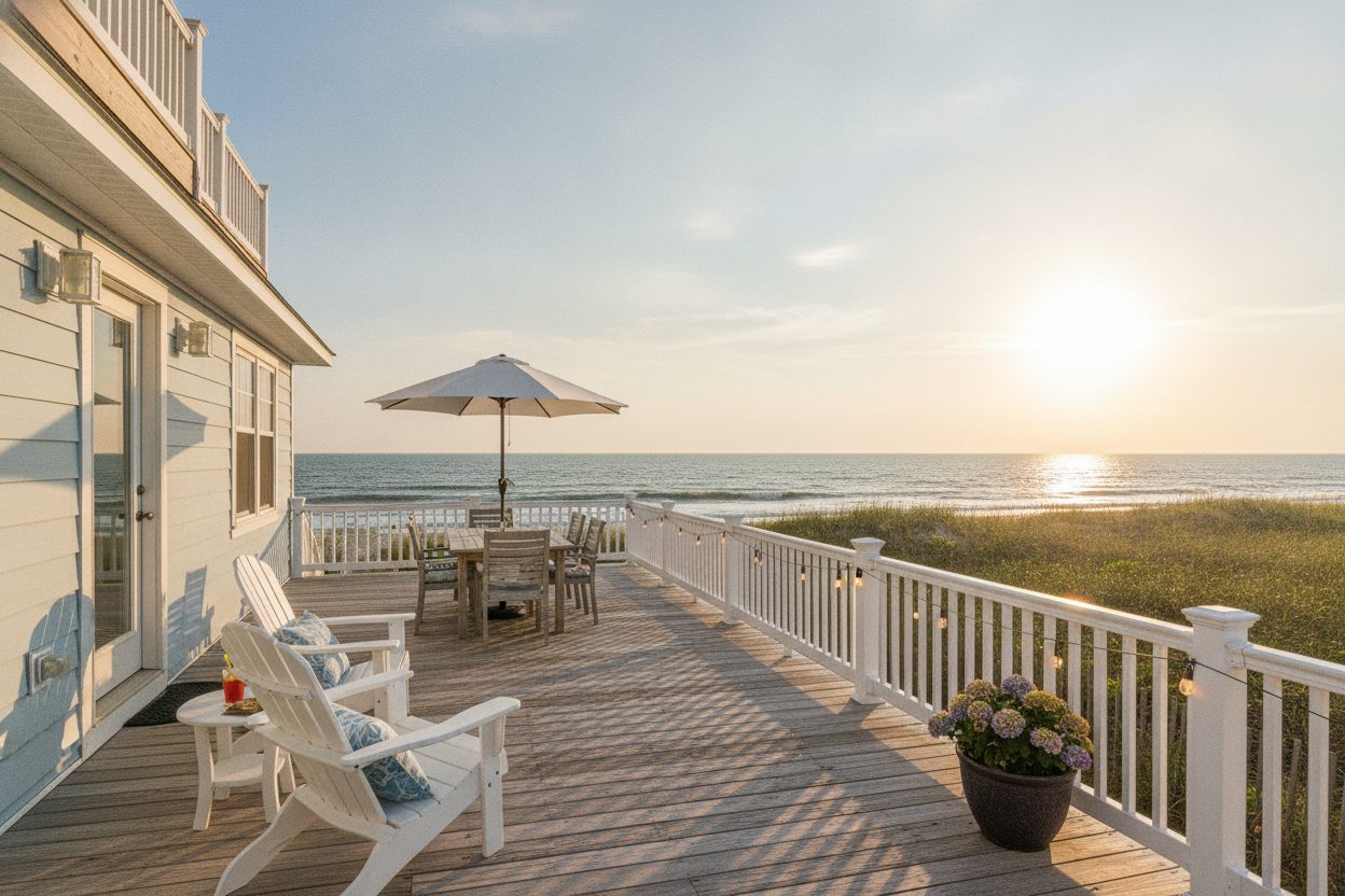 Outdoor space of the stilted beach house in Nags Head, NC