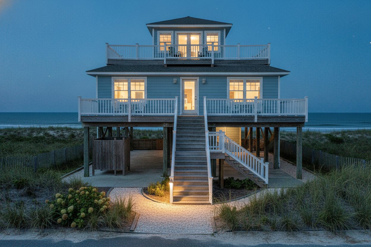Exterior at night of the stilted beach house in Nags Head, NC