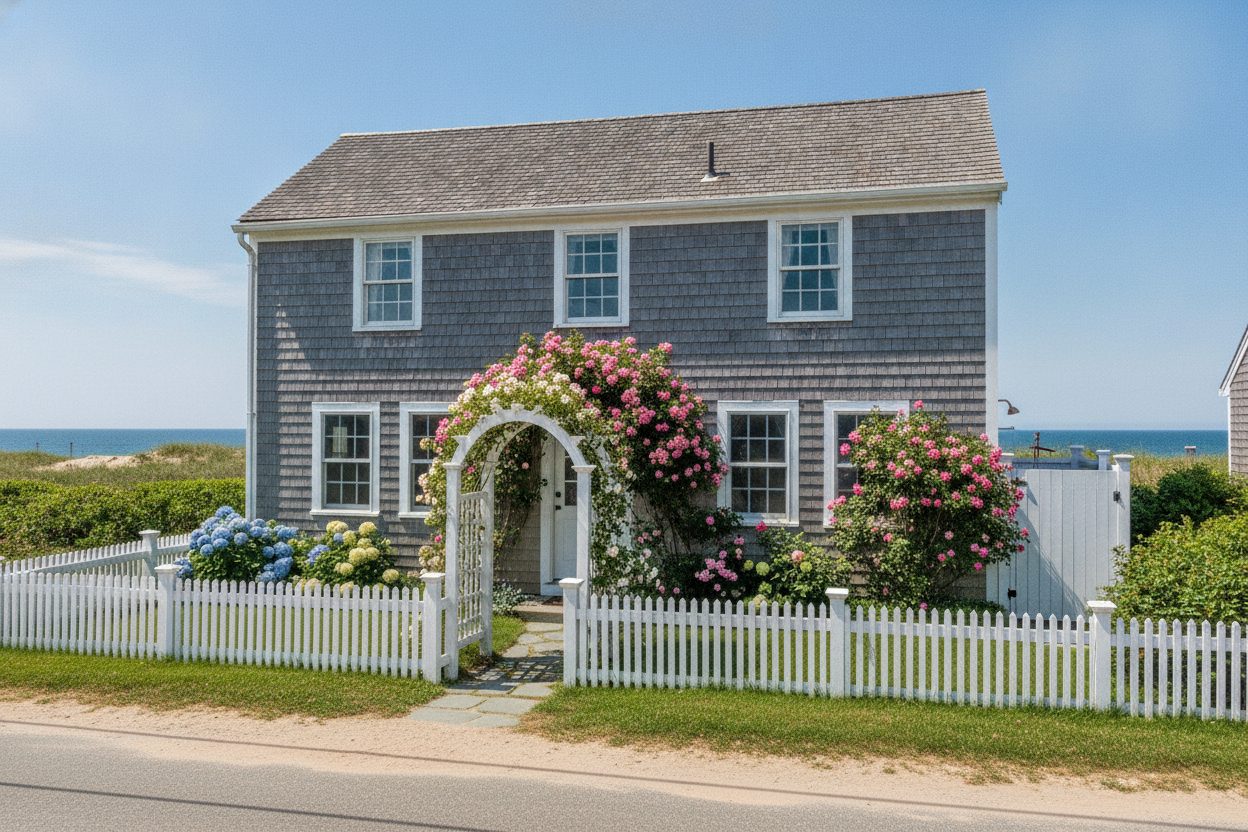 Exterior of the shingled island cottage in Nantucket, MA