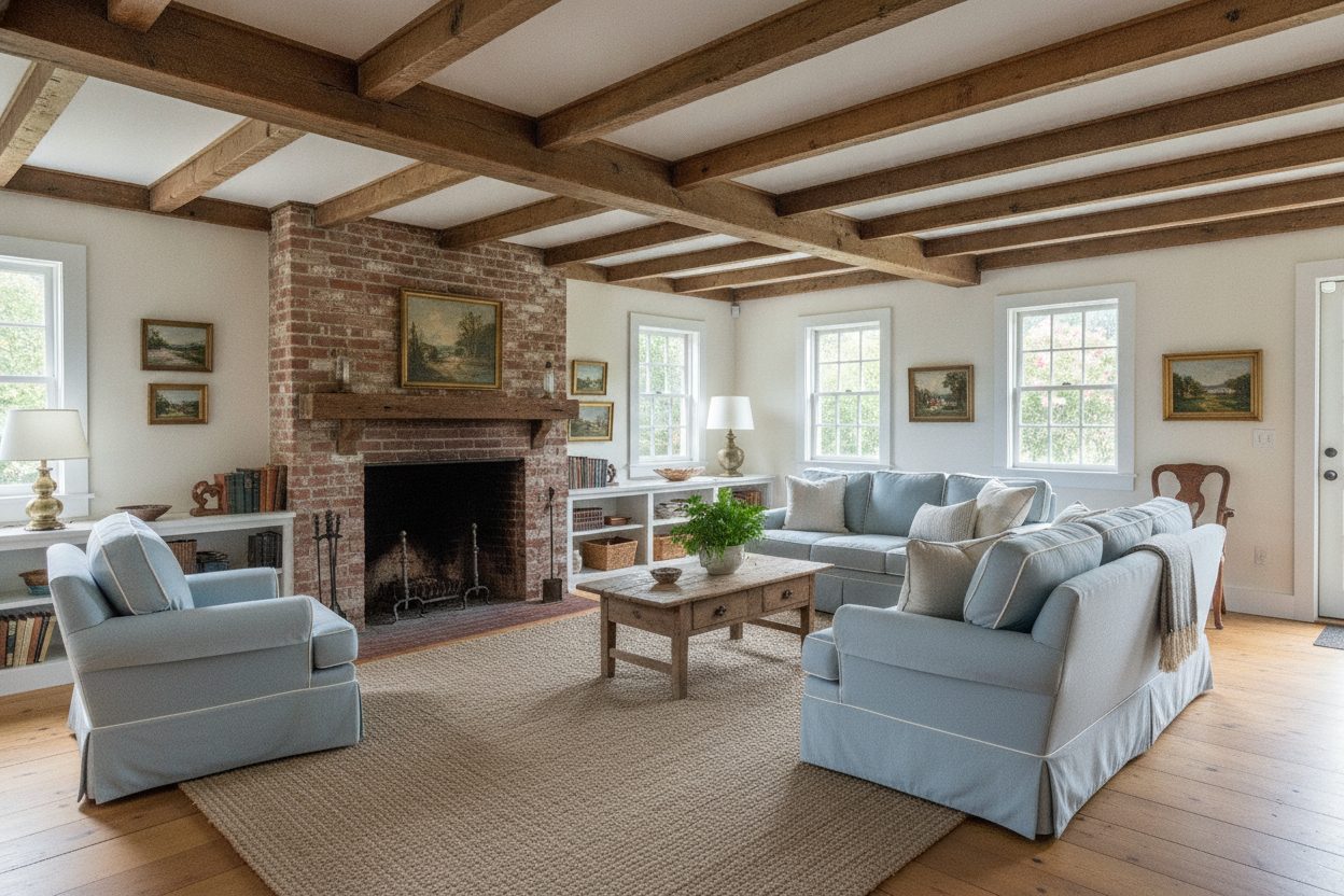 Living room of the shingled island cottage in Nantucket, MA