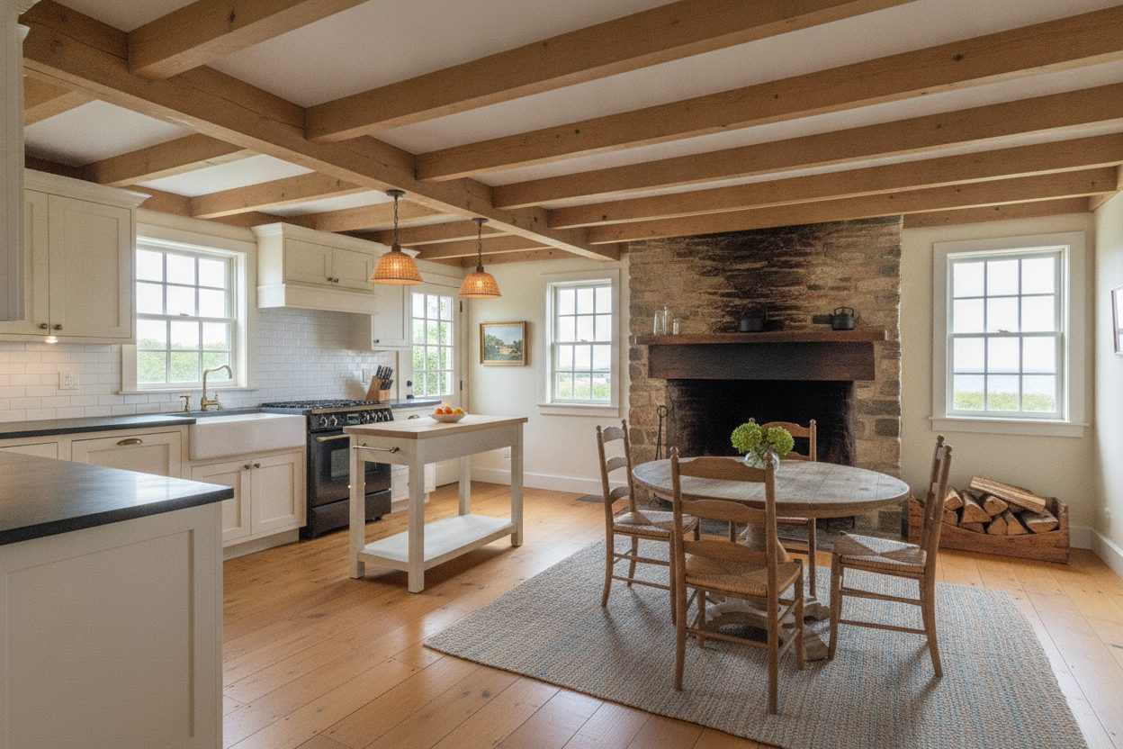 Kitchen of the shingled island cottage in Nantucket, MA