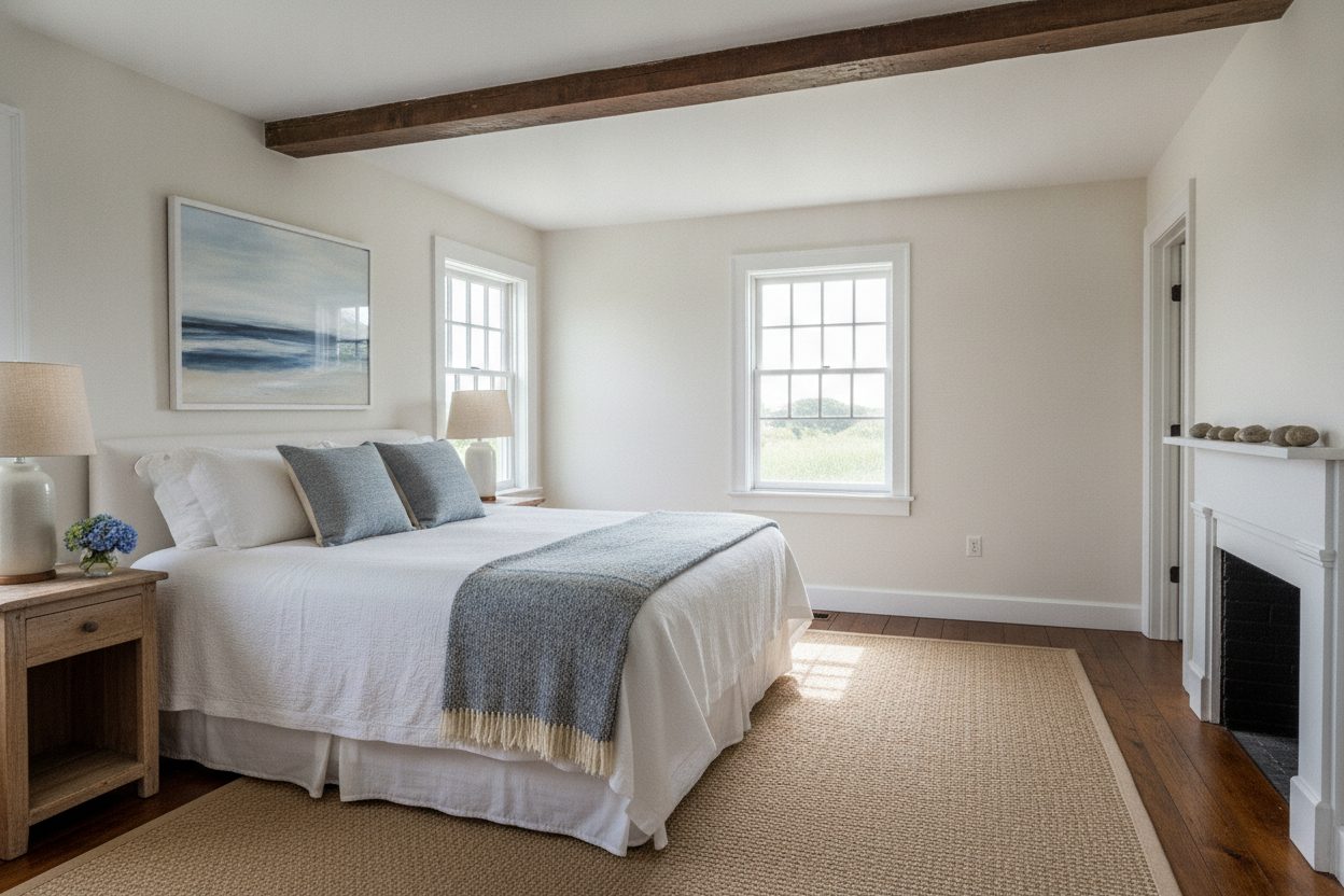 Primary bedroom of the shingled island cottage in Nantucket, MA
