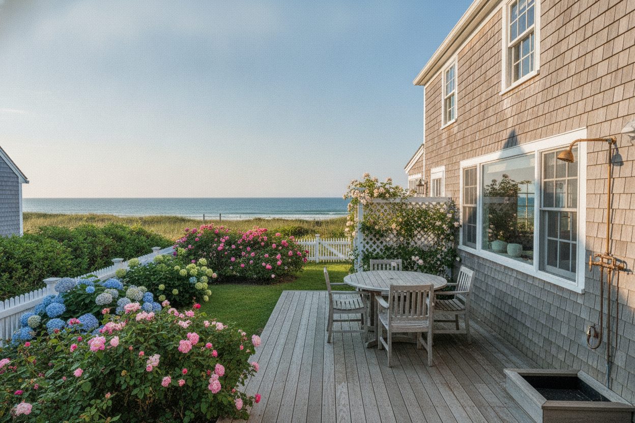 Outdoor space of the shingled island cottage in Nantucket, MA
