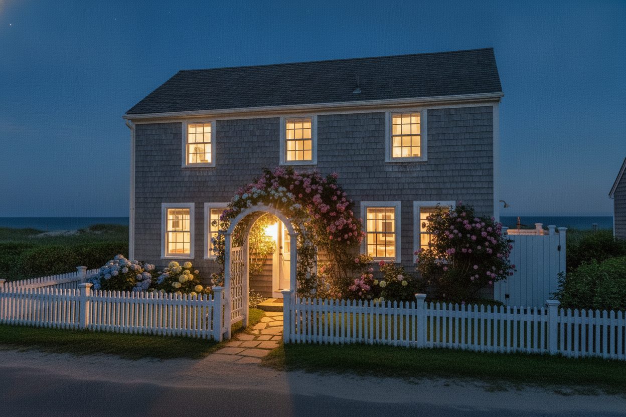 Exterior at night of the shingled island cottage in Nantucket, MA