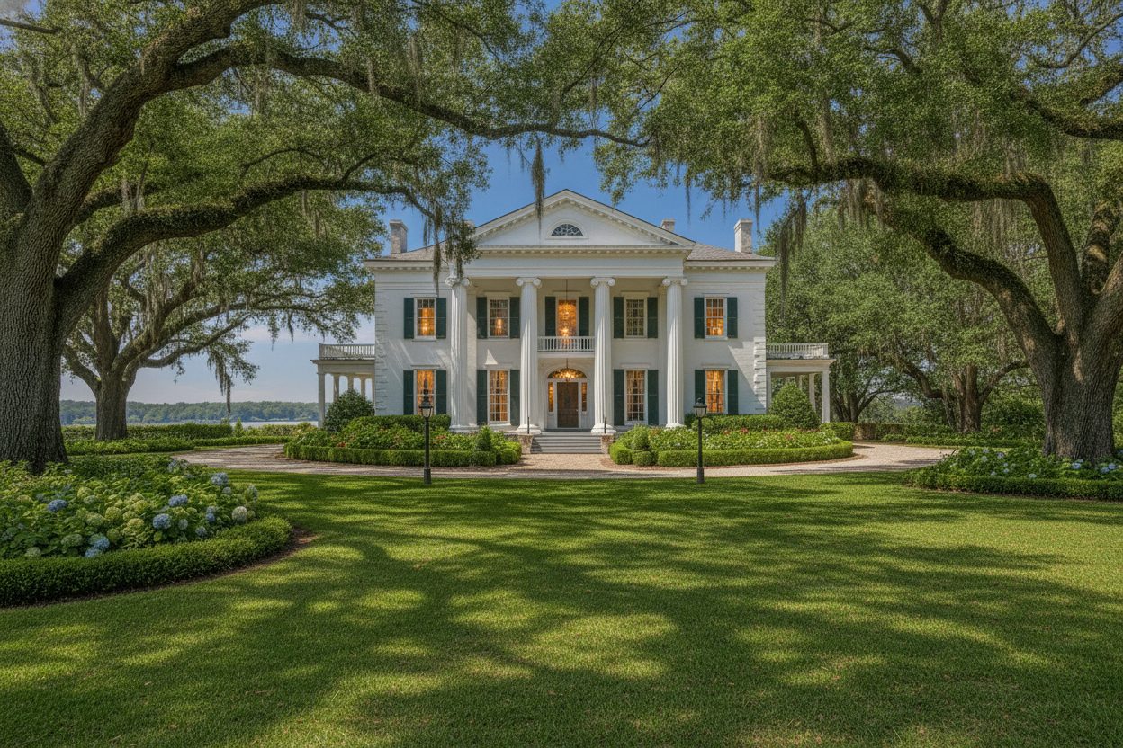 Exterior at night of the greek revival mansion in Natchez, MS