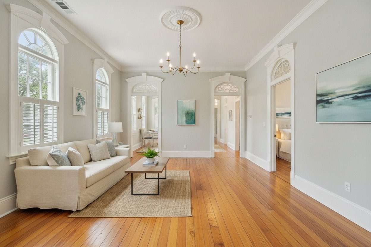 Living room of the shotgun house in New Orleans, LA