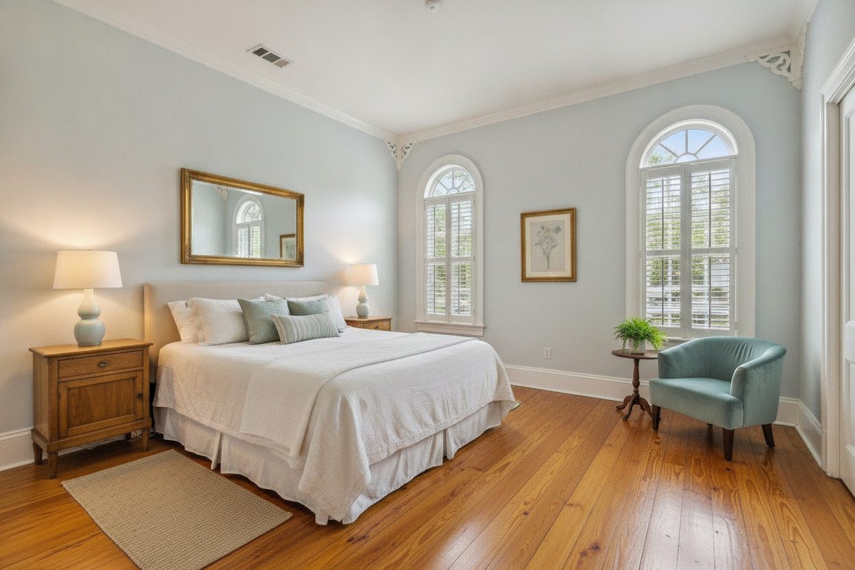 Primary bedroom of the shotgun house in New Orleans, LA