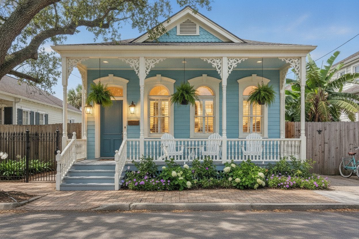 Exterior at night of the shotgun house in New Orleans, LA