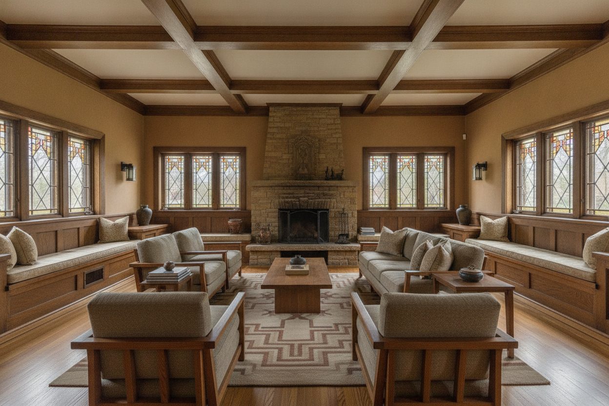 Living room of the prairie school home in Oak Park, IL