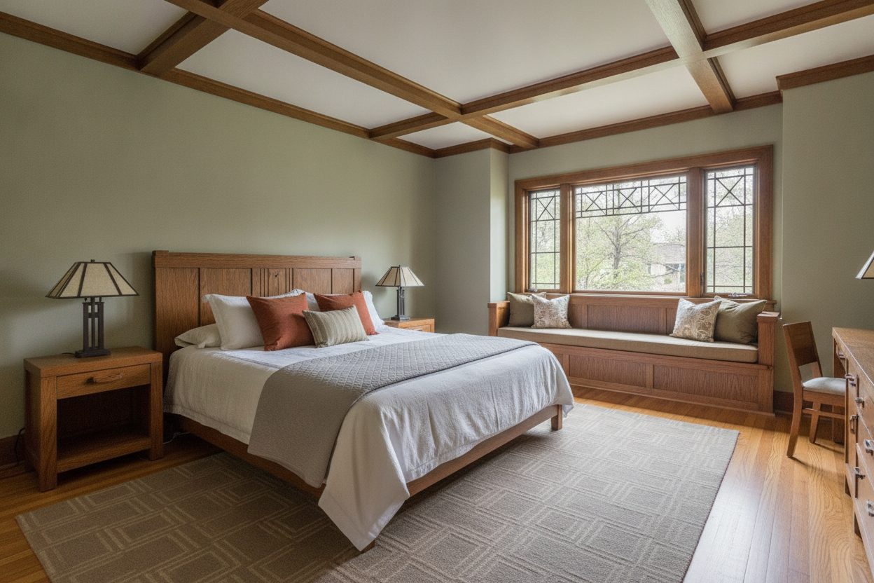 Primary bedroom of the prairie school home in Oak Park, IL