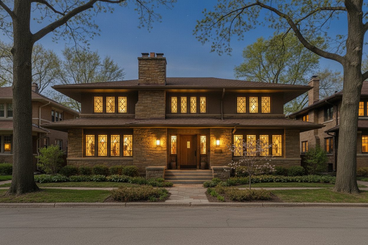 Exterior at night of the prairie school home in Oak Park, IL
