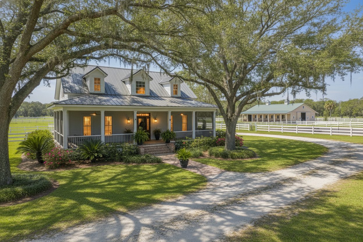 Exterior at night of the horse ranch in Ocala, FL