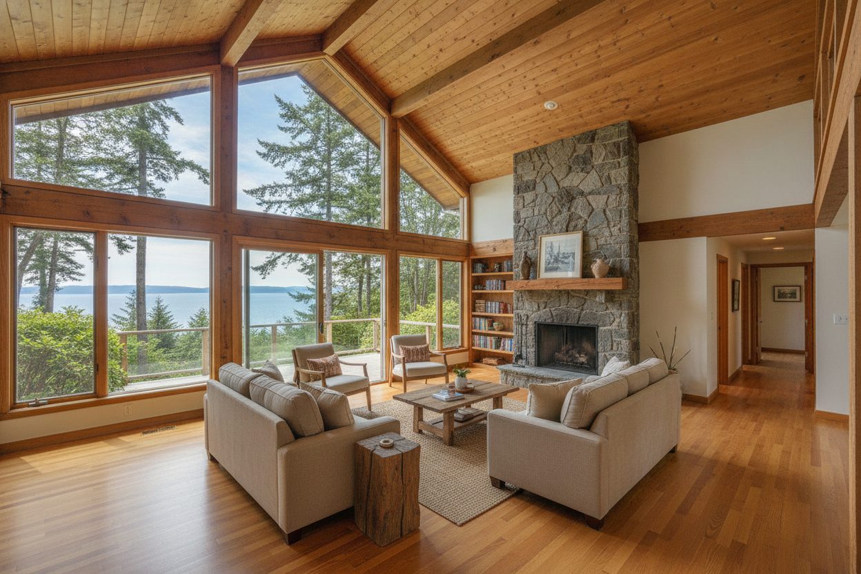 Living room of the island retreat in Eastsound, WA