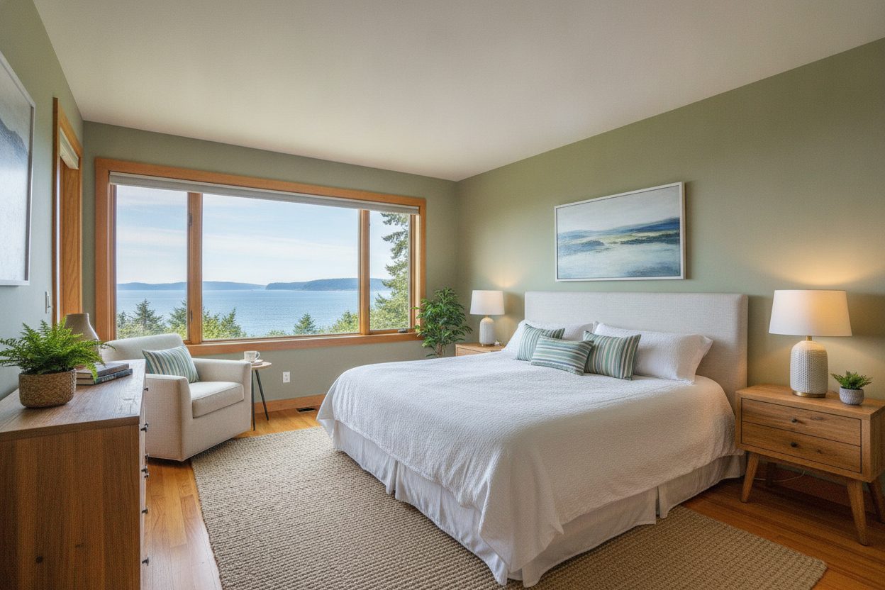 Primary bedroom of the island retreat in Eastsound, WA