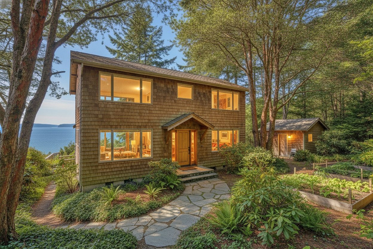 Exterior at night of the island retreat in Eastsound, WA