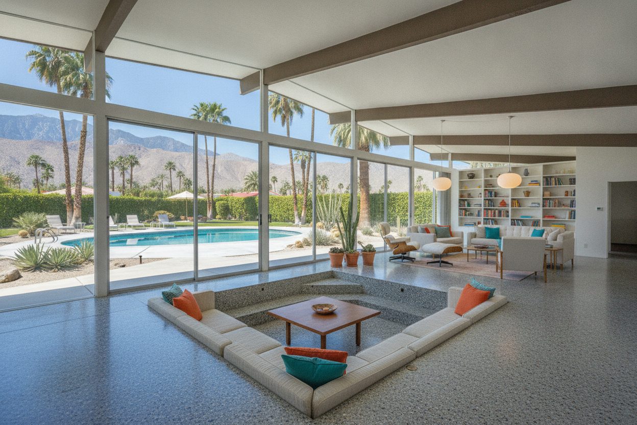 Living room of the mid-century modern in Palm Springs, CA