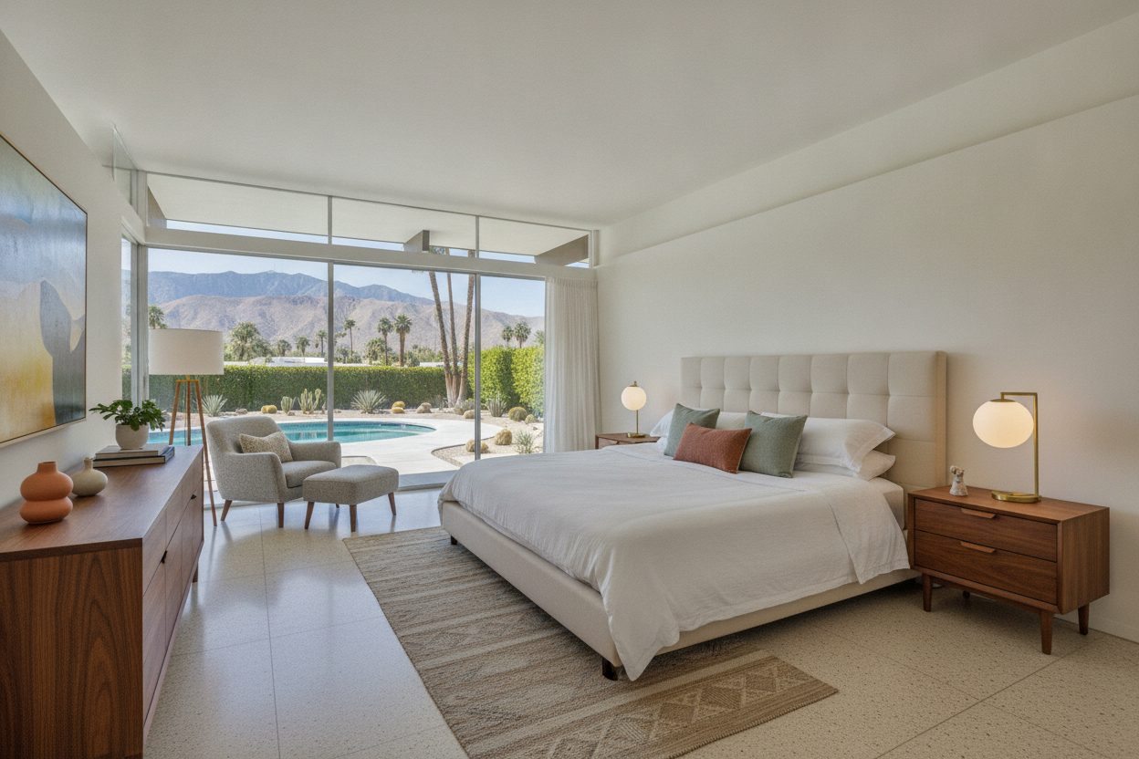 Primary bedroom of the mid-century modern in Palm Springs, CA