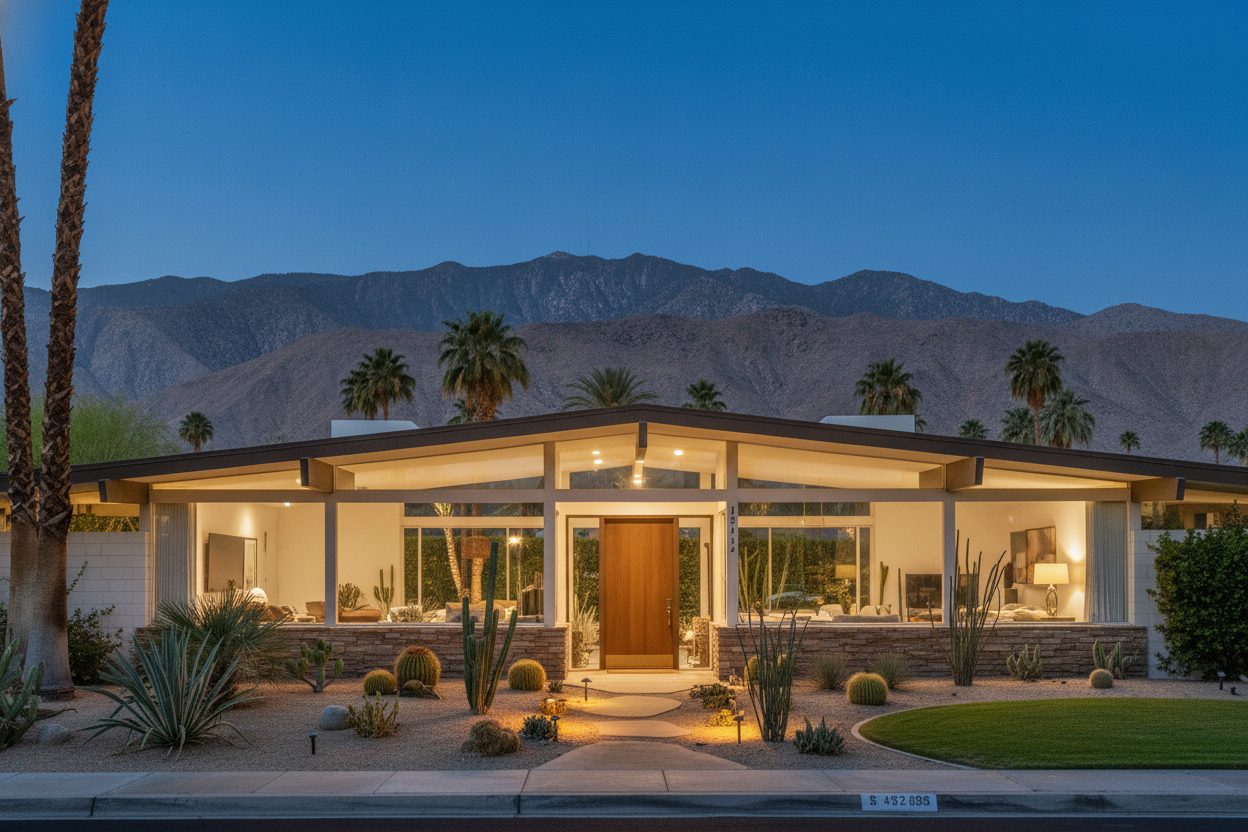 Exterior at night of the mid-century modern in Palm Springs, CA