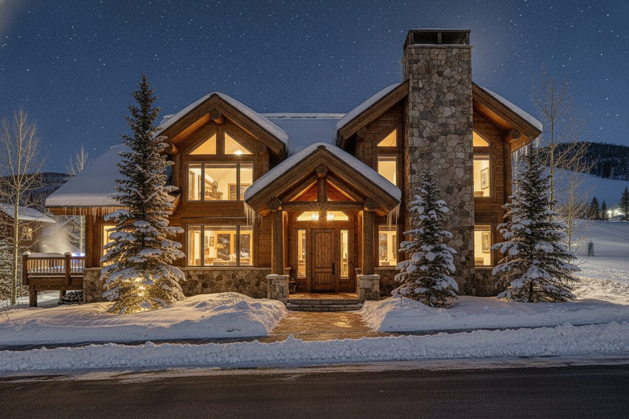 Exterior at night of the ski-in chalet in Park City, UT