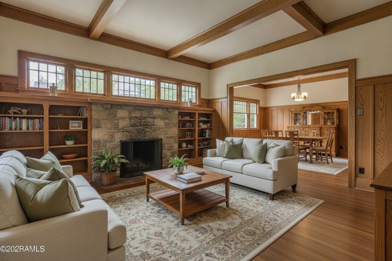 Living room of the craftsman bungalow in Pasadena, CA