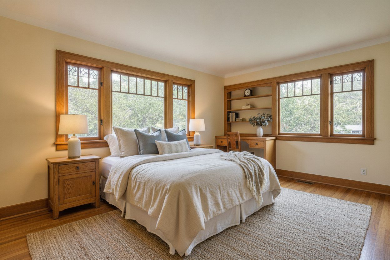 Primary bedroom of the craftsman bungalow in Pasadena, CA