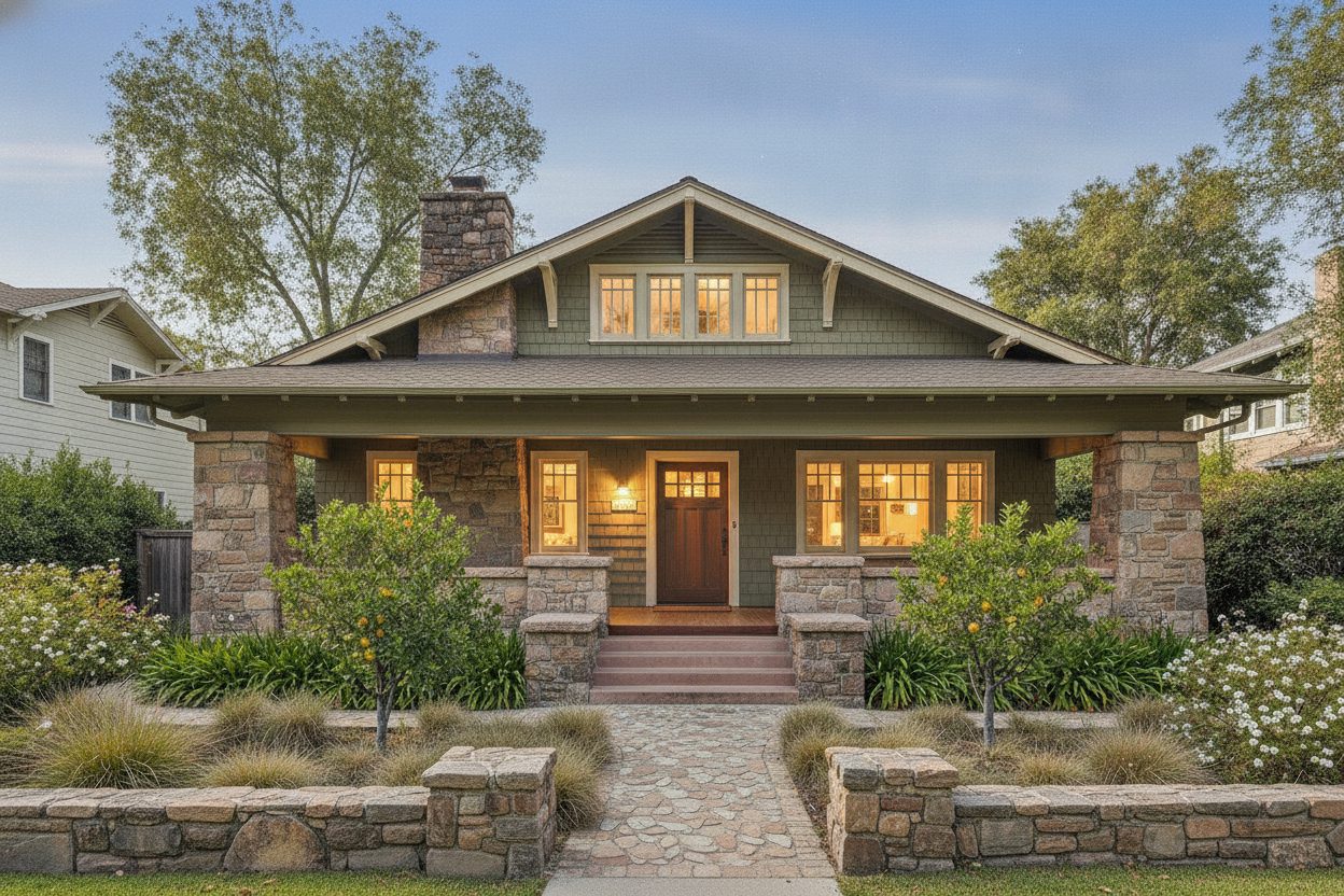 Exterior at night of the craftsman bungalow in Pasadena, CA