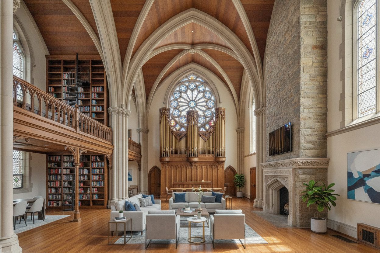 Living room of the converted gothic church in Pittsburgh, PA