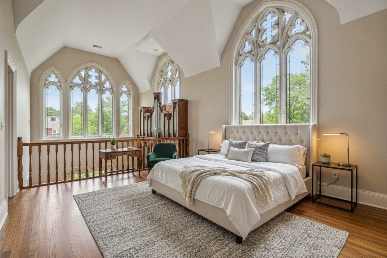 Primary bedroom of the converted gothic church in Pittsburgh, PA
