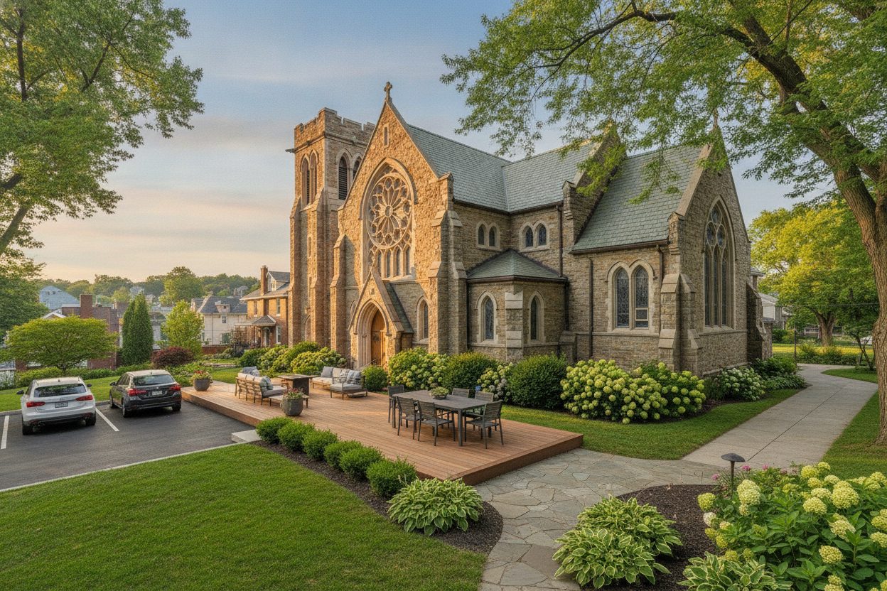Outdoor space of the converted gothic church in Pittsburgh, PA