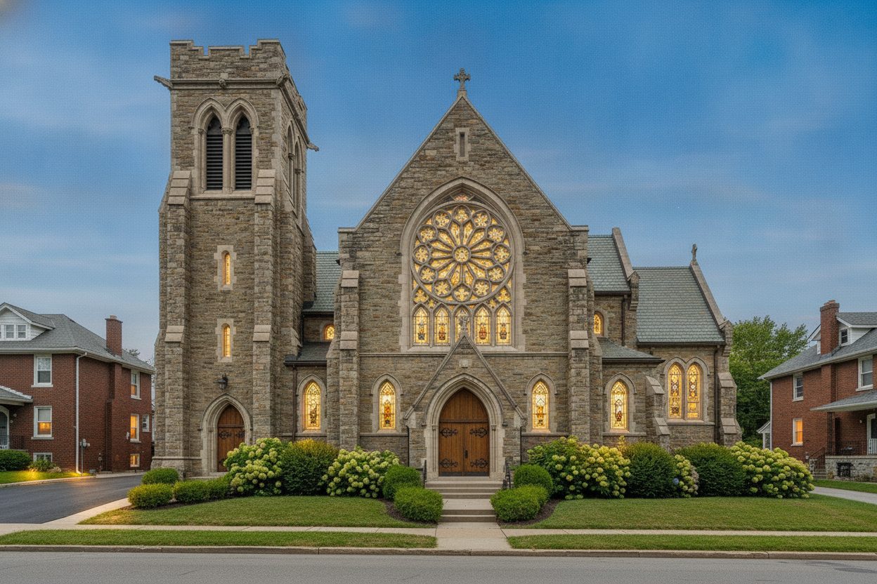 Exterior at night of the converted gothic church in Pittsburgh, PA
