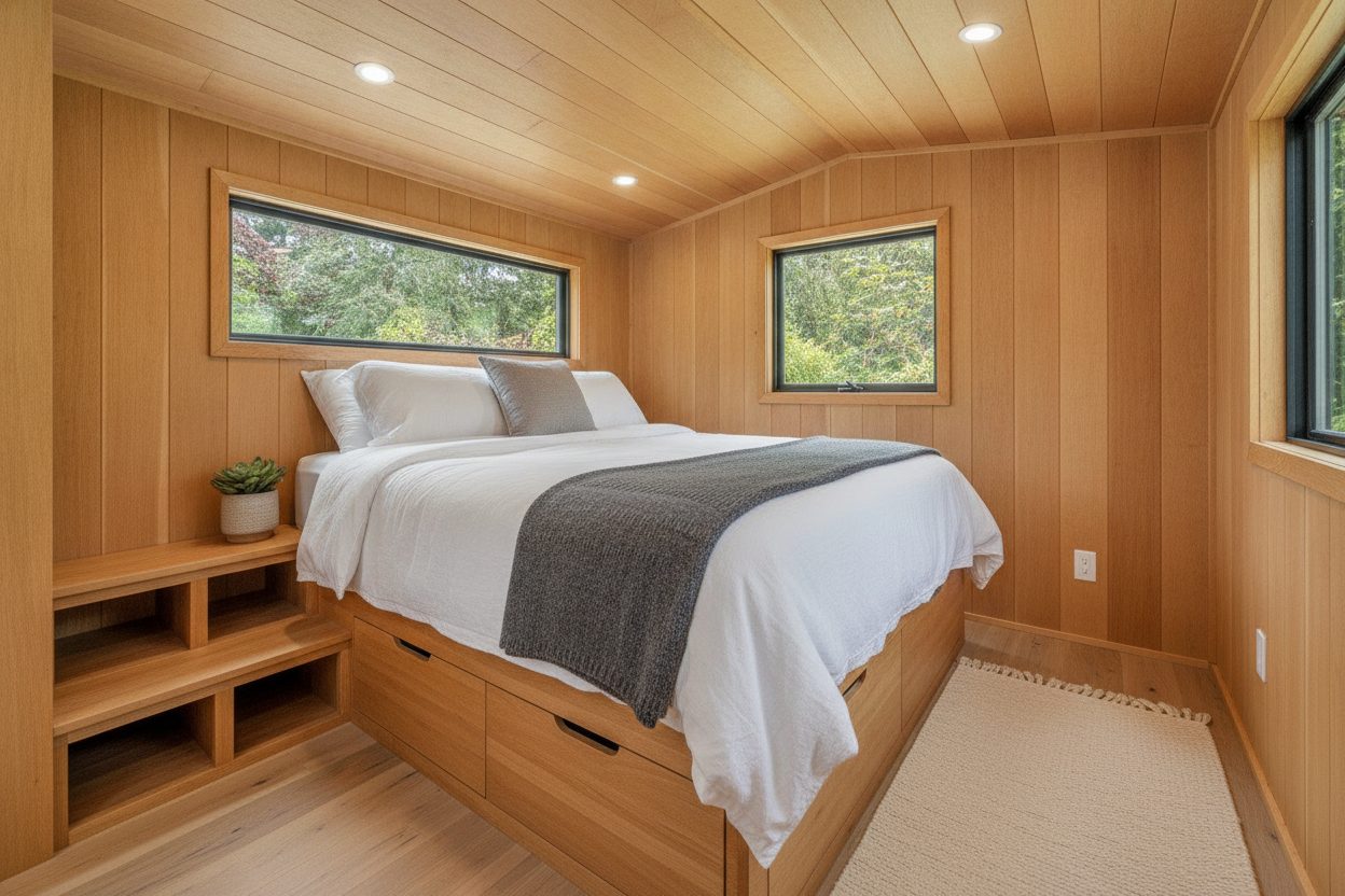 Primary bedroom of the tiny house in Portland, OR