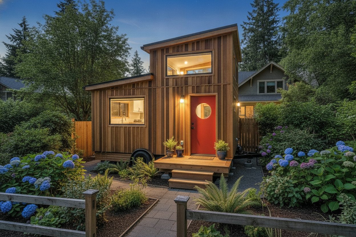 Exterior at night of the tiny house in Portland, OR