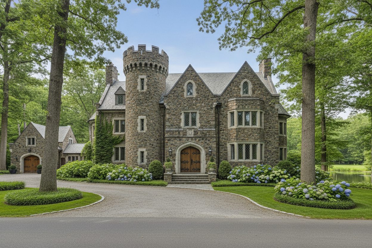 Exterior of the stone castle estate in Rhinebeck, NY