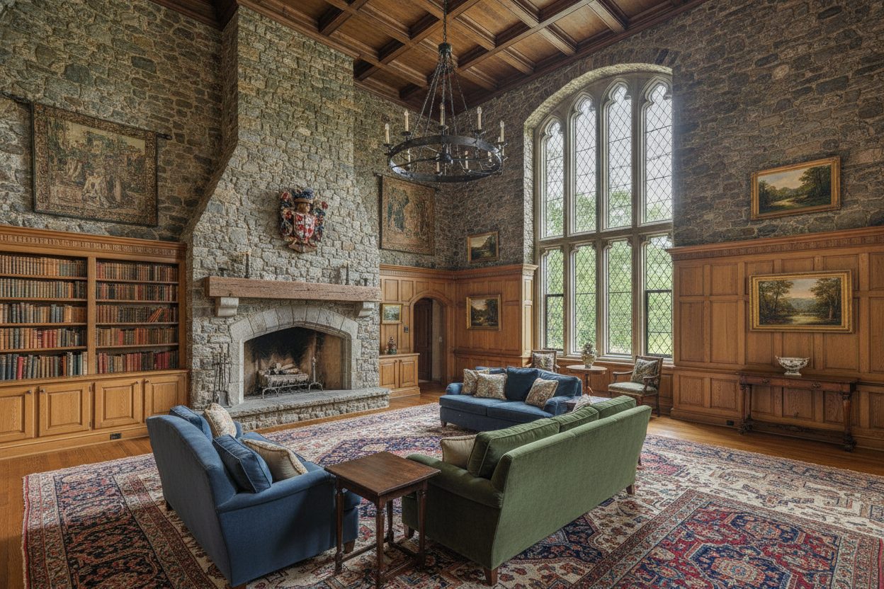 Living room of the stone castle estate in Rhinebeck, NY