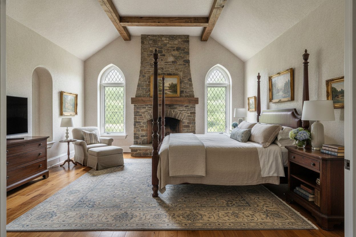 Primary bedroom of the stone castle estate in Rhinebeck, NY