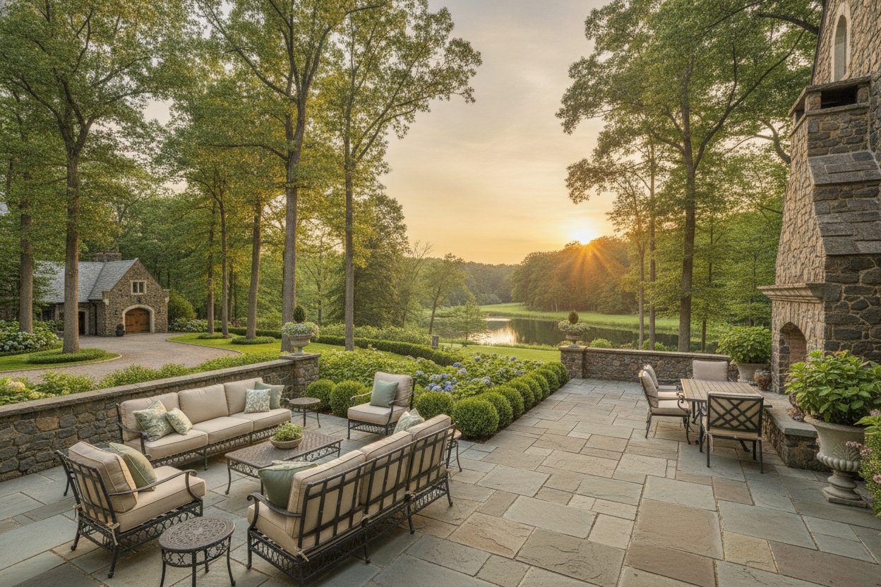 Outdoor space of the stone castle estate in Rhinebeck, NY