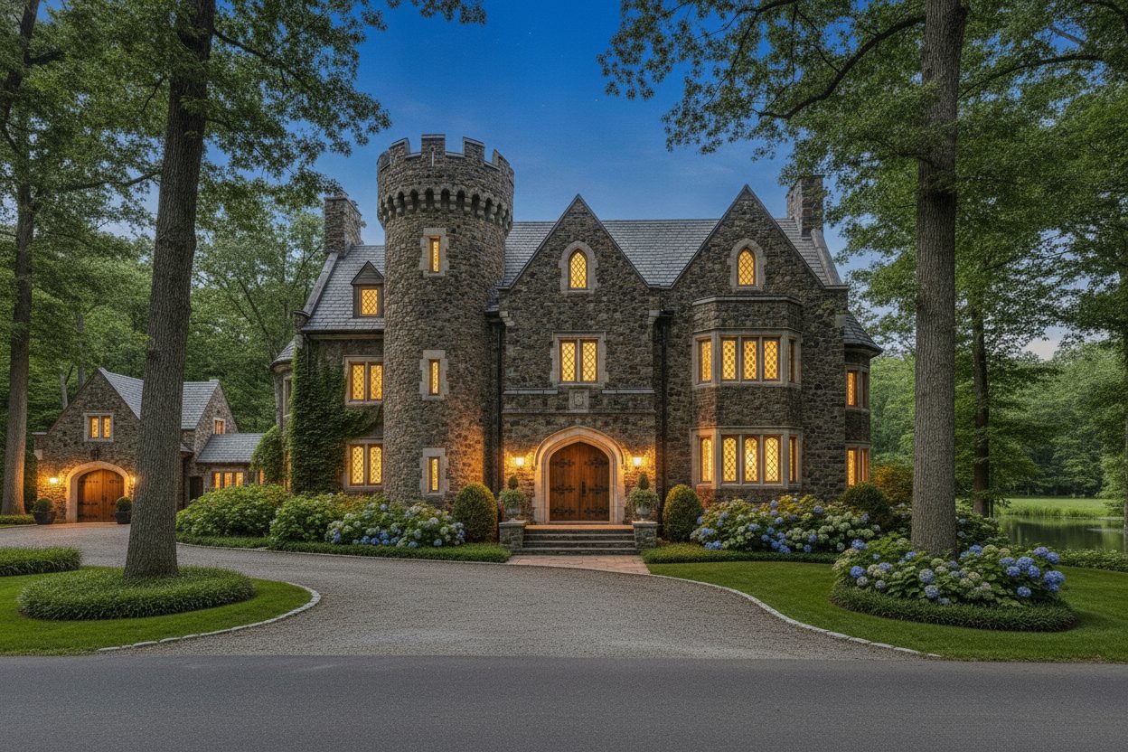 Exterior at night of the stone castle estate in Rhinebeck, NY