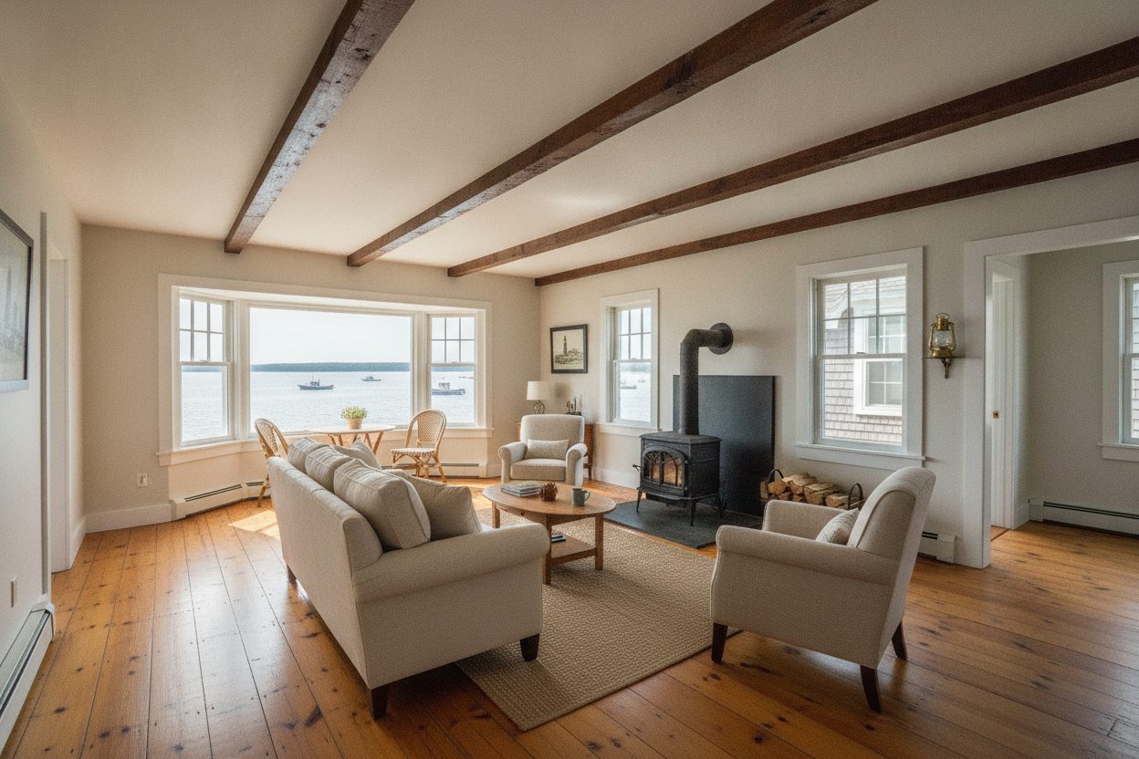 Living room of the lighthouse keeper's cottage in Rockport, ME