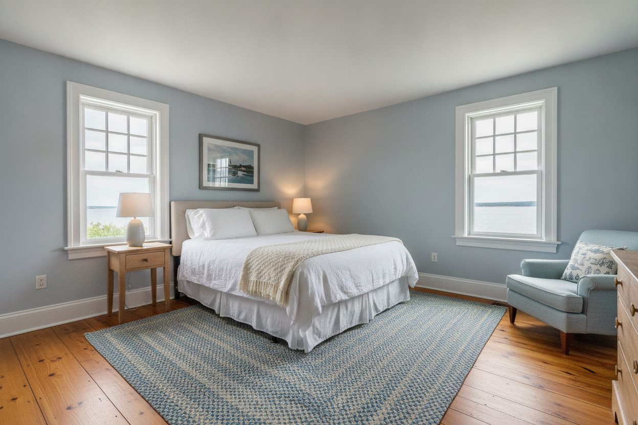 Primary bedroom of the lighthouse keeper's cottage in Rockport, ME