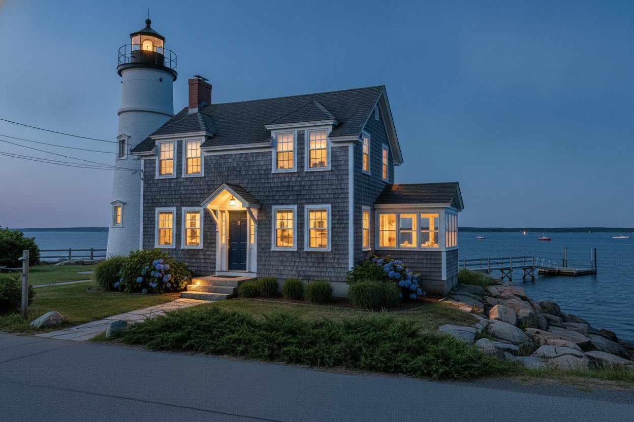 Exterior at night of the lighthouse keeper's cottage in Rockport, ME